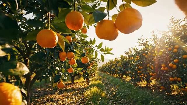 Sun-drenched orange citrus grove filled with ripe fruit and lush green leaves, showcasing abundant harvest.
