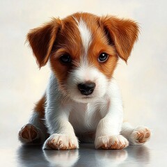 adorable brown and white puppy sitting with floppy ears and soft paws on a reflective surface, gentle lighting conveying innocence and curiosity