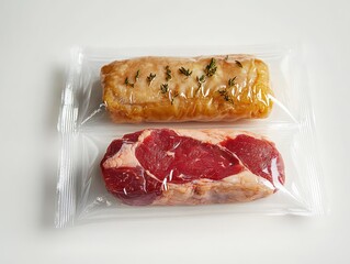 Vacuum-sealed marinated fillet topped with fresh thyme and a raw marbled beef steak in clear plastic packaging on a clean white surface, fresh and appetizing