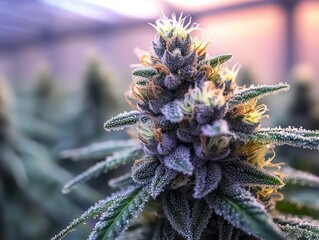 frosted purple cannabis bud with orange pistils and glistening trichomes under warm indoor grow light, vivid serene close-up