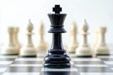 black king chess piece standing on a chessboard with blurred white pieces behind conveying dominance and strategic focus