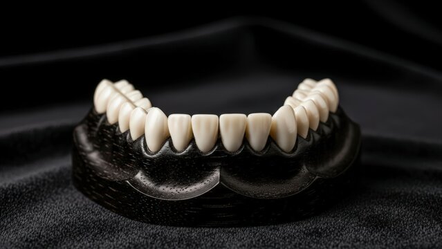 Close-up of a full set of realistic artificial teeth on a black stand.