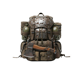 錆びた斧付きの頑丈なサバイバルバックパック