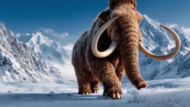 Majestic Mammoth in a Snowy Landscape: A magnificent woolly mammoth, with its impressive tusks and thick fur, stands proudly against a backdrop of snow-capped mountains and a clear, icy blue sky.