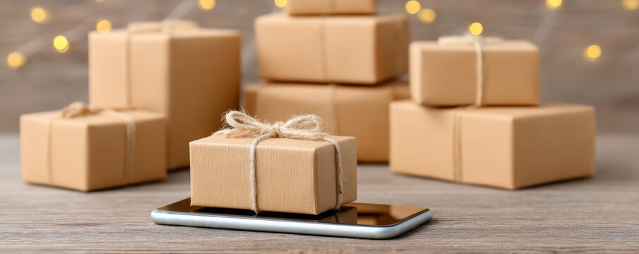 Gift box smartphone brown paper string wooden table festive delivery holiday technology celebration blurred lights present stack surprise modern communication online shopping package decoration