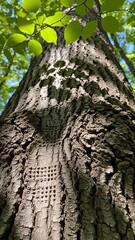 Obraz premium Upward perspective of a majestic ancient tree trunk with unique geometric patterns on its rugged bark