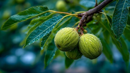 Fototapeta premium Macro shot highlights fresh green unripe walnuts hanging on branch with leaves against soft bokeh green background showing nature detail.