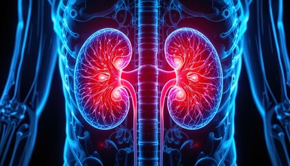 Fototapeta premium Detailed human kidney anatomy with glowing red and blue medical illustration