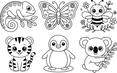 Obraz premium Cute cartoon animals and insects in black and white line