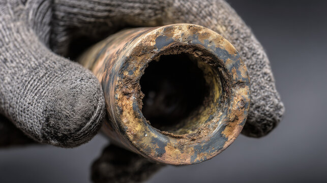 Close-up of a clogged plastic drain pipe held by a gloved hand, with a finger pointing to heavy buildup inside. Concept of blocked drain, limescale/grease deposits, plumbing problem, home maintenance.