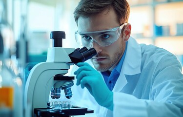 Laboratory researcher in white coat adjusting microscope and examining sample slides with gloved hand, focused and concentrated in a bright clinical lab