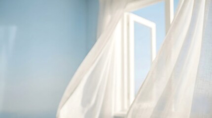 White Curtains Blowing in Gentle Breeze from Open Window
