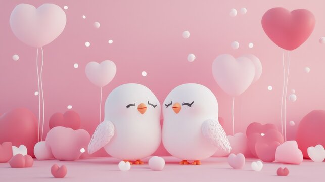 Cute Cartoon Birds with Balloons and Hearts in a Pink Background - Powered by Adobe