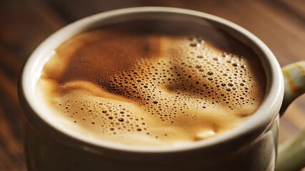 A closeup shot captures the inviting warmth of a freshly brewed coffee its rich dark liquid topped with a delicate layer of creamy bubbly froth promising a comforting and energizing start to the day .