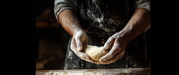 close-up of flour-dusted hands gently shaping dough on a wooden table, conveying focused care and rustic craftsmanship