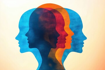 Layered overlapping human profiles in blue, red and orange silhouettes, textured translucent heads evoking introspection, mental complexity and connectedness