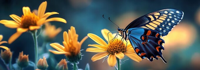 close-up of a vibrant blue and orange butterfly feeding on yellow daisy flowers in a serene soft-focus garden scene