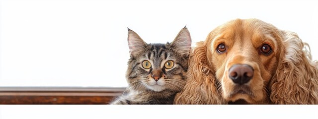 tabby cat and golden cocker spaniel resting side by side on a wooden ledge, calm curious expressions close-up pet portrait