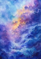 swirling purple and blue watercolor nebula with golden highlights and scattered stars, a dreamy ethereal cosmic scene