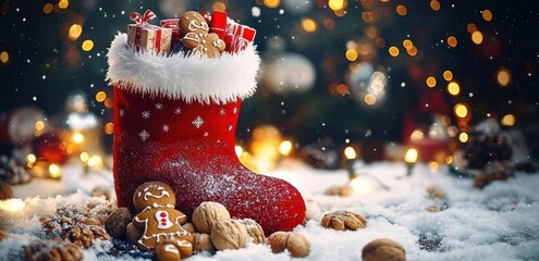 red holiday stocking filled with wrapped gifts and gingerbread cookies on snowy surface with walnuts and pine cones, warm twinkling lights and cozy festive atmosphere