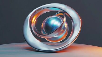 Iridescent reflective sphere encircled by interlocking polished silver rings on a minimal surface, futuristic elegant and calming abstract sculpture