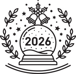 2026 New Year Snow Globe Line Art Illustration with Laurel Wreath Vector Design