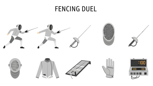 Illustration of two fencers in action and various fencing equipment items