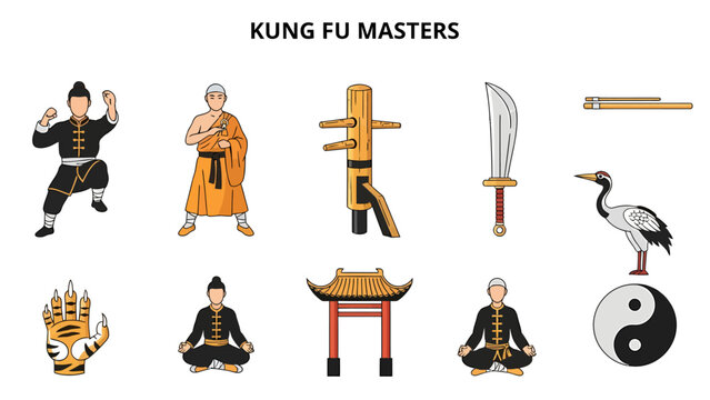 Illustrations of Kung Fu masters related objects and symbols