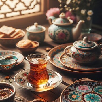 Traditional Turkish tea in glass cup on wooden table
