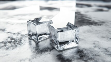 Two Transparent Ice Cubes on a Reflective Surface with Shadows