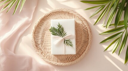 Elegant Gift Box with Greenery on Woven Plate and Natural Background