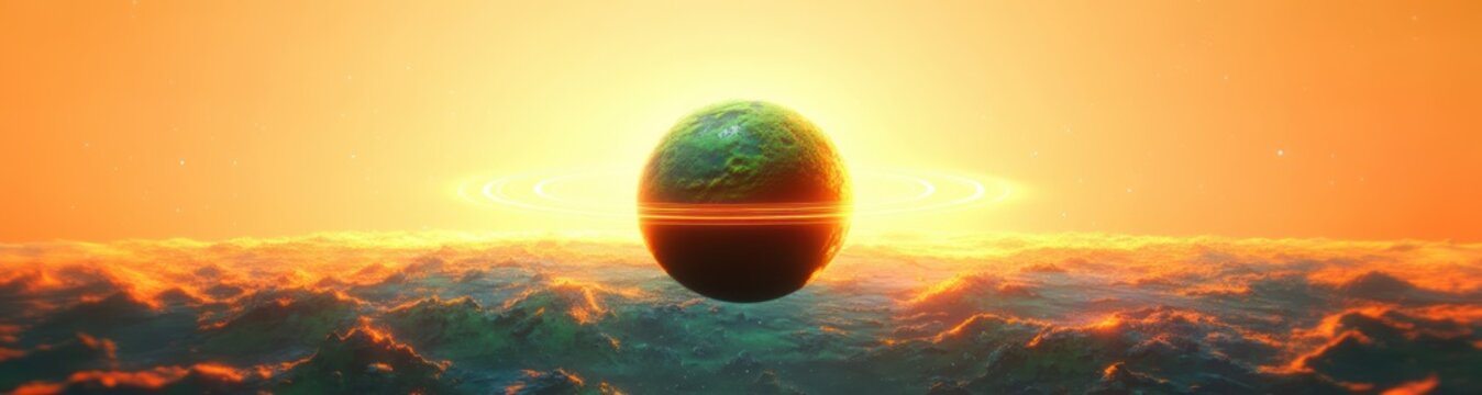 ringed green planet hovering above a glowing orange cloudscape at sunrise, surreal and awe-inspiring celestial scene