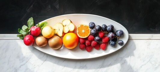 Oval white plate of assorted fresh fruits including red plums, golden kiwifruit, sliced apple, orange and orange half, raspberries, purple grapes and mint on marble, bright and inviting
