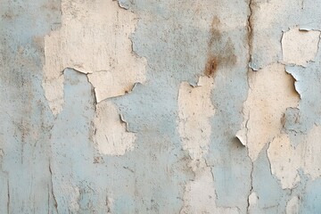 Obraz premium peeling pale blue and cream paint on cracked plaster wall, flaking layers revealing aged, weathered, distressed texture and subtle rust stains