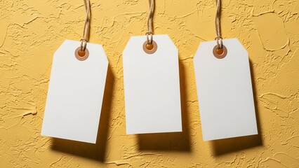 Three blank tags hanging on wall