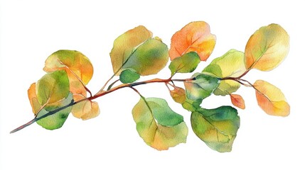 Watercolor Illustration of Green and Yellow Leaves on White Background