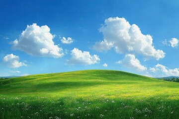 Fototapeta premium sunlit rolling green hill and wildflower meadow under a bright blue sky with fluffy white clouds, creating a calm and idyllic atmosphere