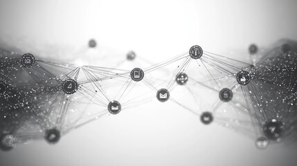 monochrome abstract network of interconnected nodes and circular icon markers linked by fine lines and scattered particles, evoking a futuristic sense of connectivity and complex communication