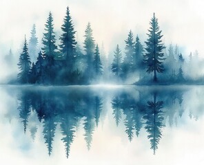soft blue watercolor of a misty evergreen forest and pine silhouettes reflected on a glassy lake, serene and mysterious atmosphere