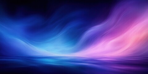 Dreamy blue and purple aurora-like light sweeping across soft clouds above a calm reflective sea at the horizon, serene and ethereal atmosphere