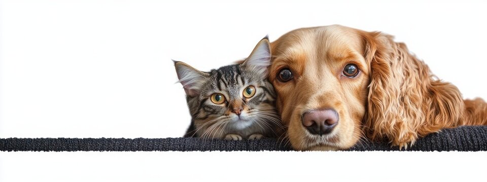 Curious tabby cat with wide golden eyes peeking over a dark textured mat beside a relaxed golden curly dog, calm cozy pet companionship - Powered by Adobe