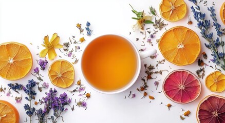 top view cup of warm amber tea surrounded by dried citrus slices, lavender sprigs and scattered dried flowers on white background, calm and refreshing mood