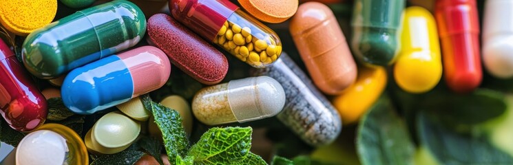 Colorful Capsules and Tablets Blended with Fresh Green Herbs