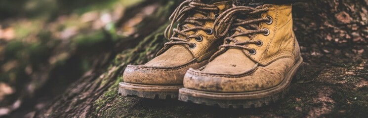 Vintage Work Boots on Tree Stump Surrounded by Nature