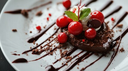 Elegant dessert with chocolate, cherries, cream and chocolate drizzle