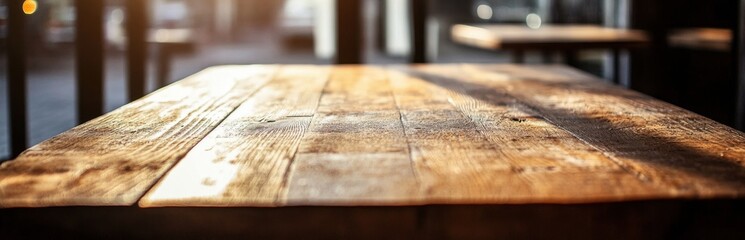 Rustic Wooden Table with Sunlight Streaming in Cafe Interior