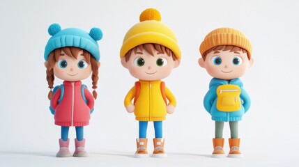 Cute Cartoon Characters in Colorful Winter Outfits with Hats
