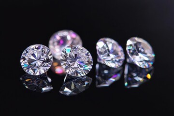 Sparkling Round Cut Diamonds Reflecting Light on Black Surface