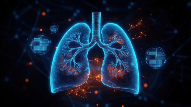 Glowing digital lungs wireframe showing trachea and branching bronchi with orange inflammatory clusters, surrounded by network nodes and circular data displays, futuristic clinical urgency - Powered by Adobe