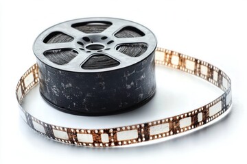 Obraz premium worn black metal film reel with unspooled brown aged 35mm film strip on white background conveying nostalgic cinematic mood
